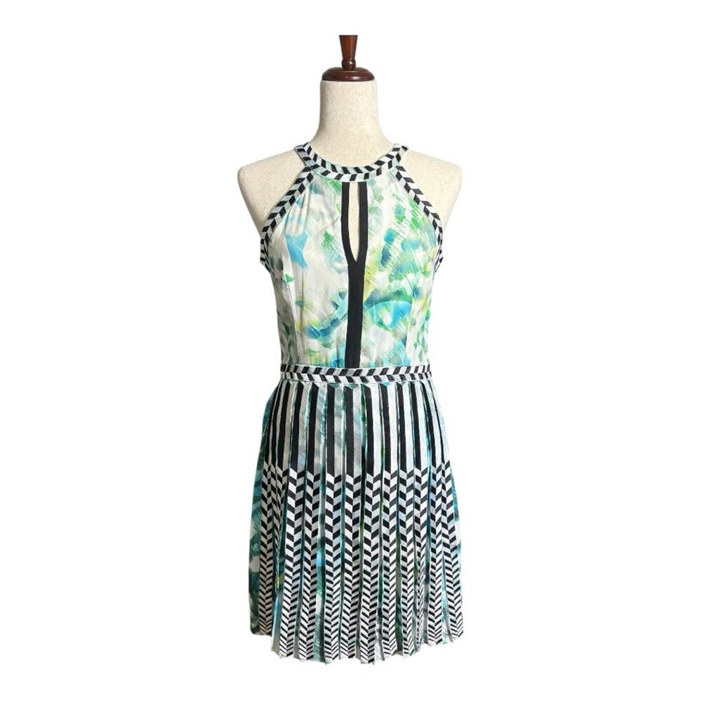 Parker Green and Black Silk Patterned Mini Dress Size Medium YY0988